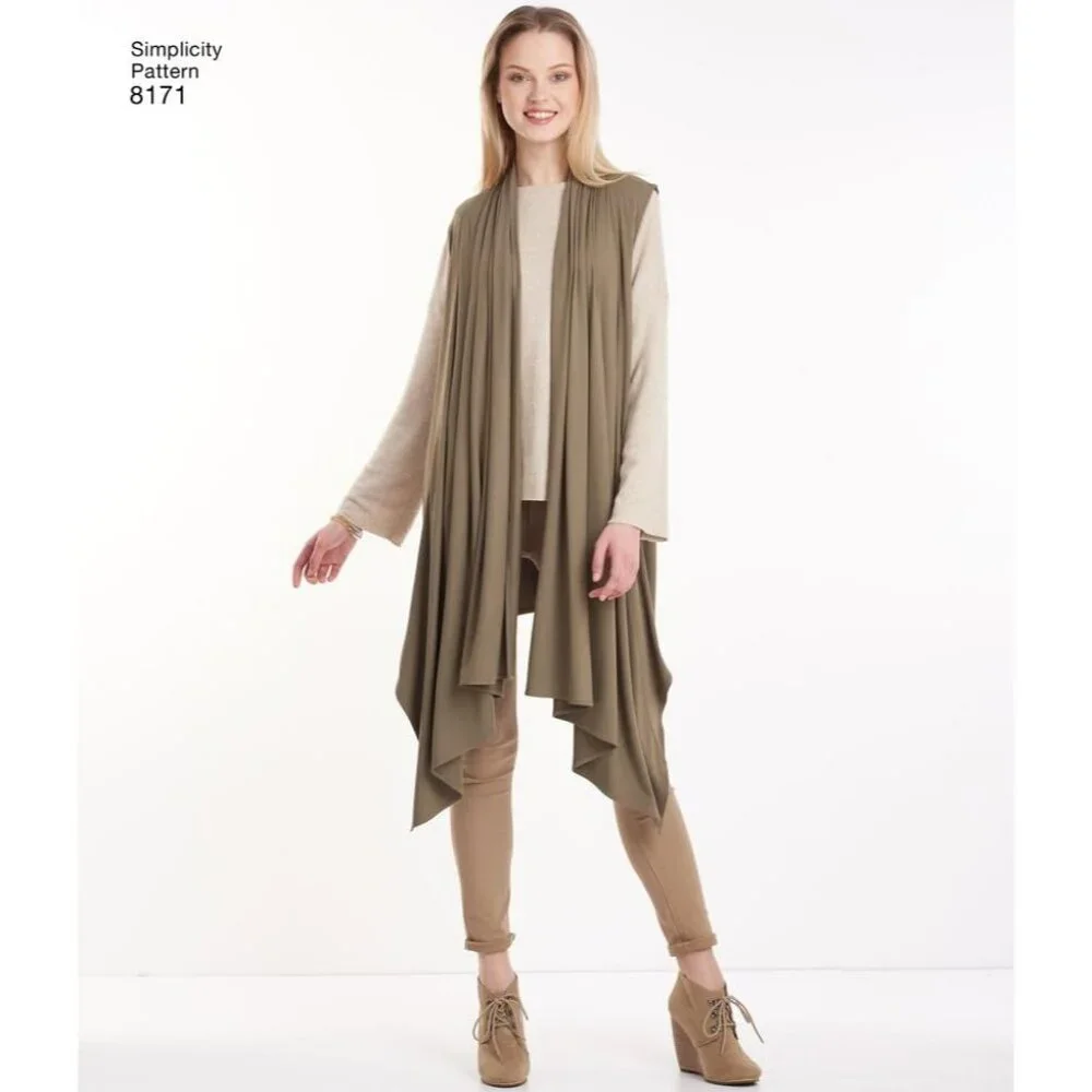 Misses Knit Cardigan Vest Pattern Draped Front Collar Simplicity‎ 8171 XXS-XXL